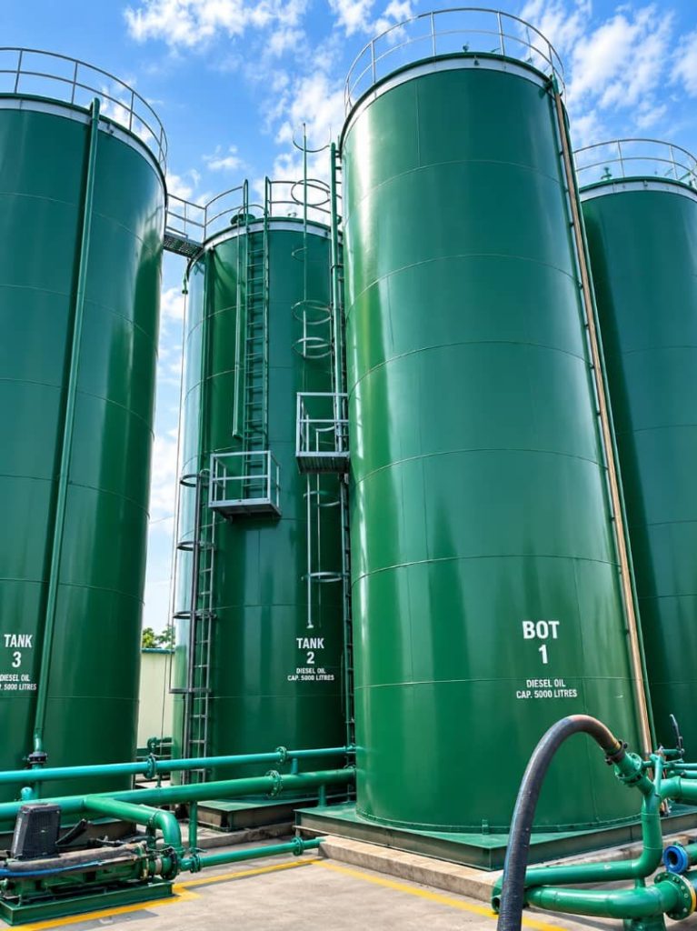 Tall green Oilchem storage tanks for base oil and diesel, with ladders and pipework