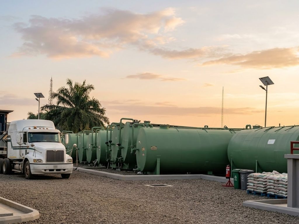 Horizontal green storage tanks and a white tanker truck at sunset